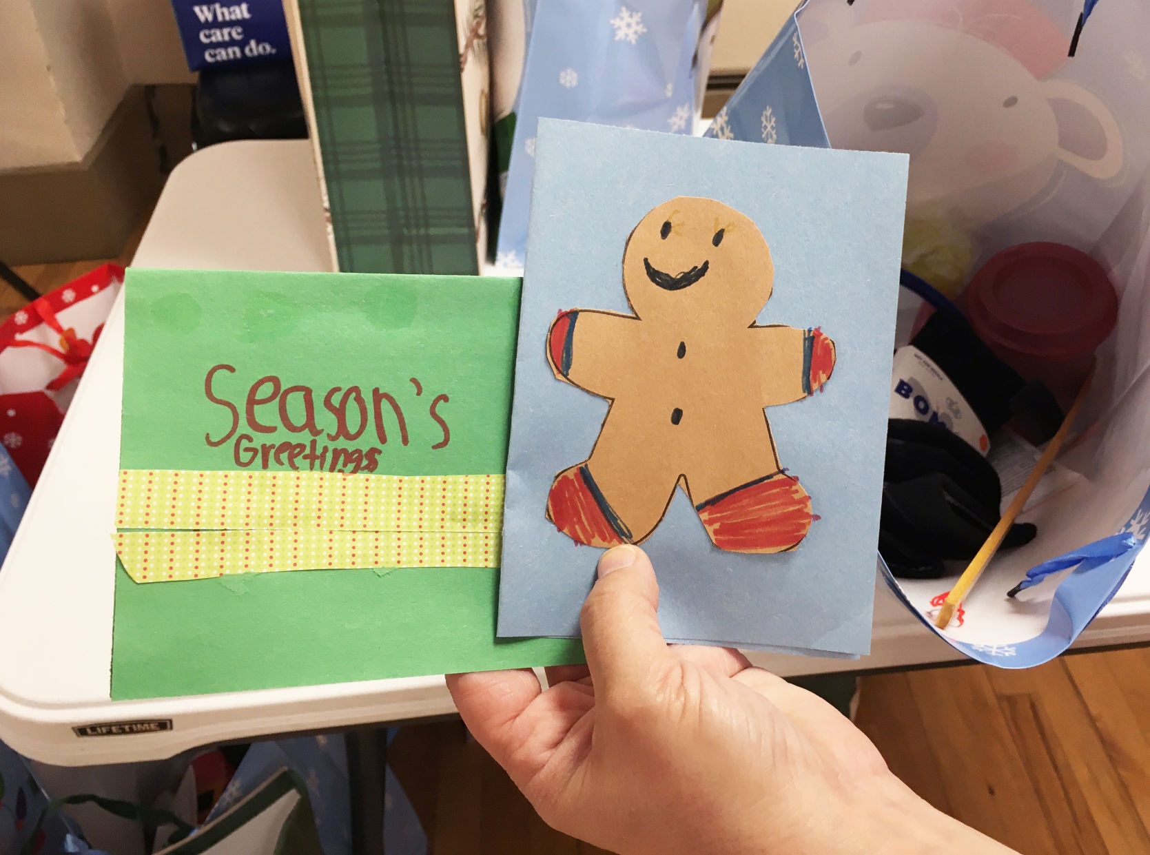 Handmade cards from school children added to gift bags for veterans home residents